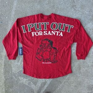 NWT SJLA Spirit Jersey “I Put Out For Santa” Red Glitter Holiday Shirt — Size M